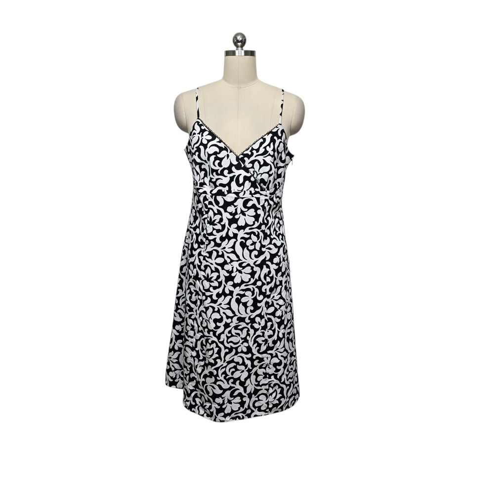 Ann Taylor Womens Black White Floral Scroll Cotton Wrap V-Neck Sundress 10